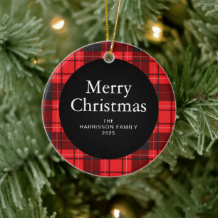 Elegant Red Buffalo Plaid Christmas Family 1 Photo Ceramic Ornament