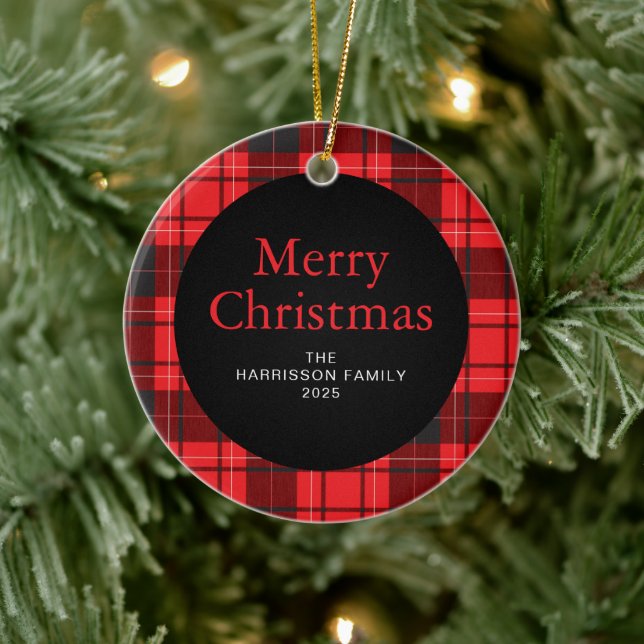 Elegant Red Buffalo Plaid Christmas Family 1 Photo Ceramic Ornament (Tree)