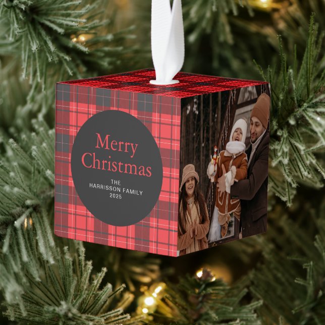 Elegant Red Buffalo Plaid Christmas Family 3 Photo Cube Ornament (Tree)