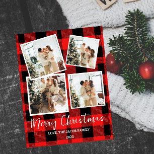 Elegant Red Buffalo Plaid Christmas Family 4 Photo Holiday Postcard