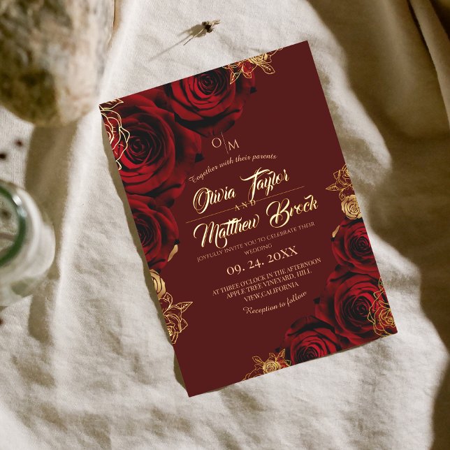 Elegant Red Burgundy and Gold Roses Floral Wedding Invitation (Creator Uploaded)