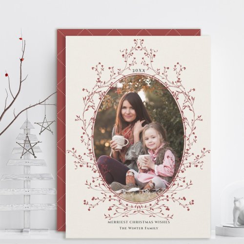 Elegant Red Burgundy Berry Frame Christmas Photo Holiday Card
