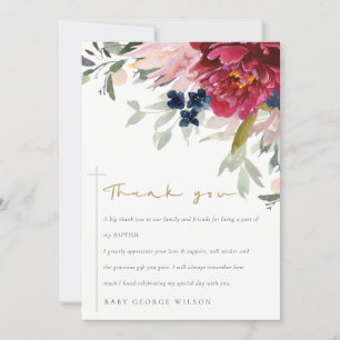 Elegant Red Burgundy Blush Blue Floral Baptism Thank You Card