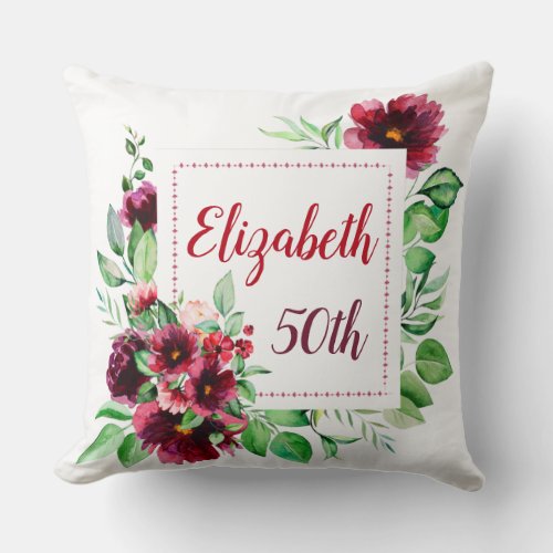 Elegant Red Burgundy Floral 50th Birthday Throw Pillow