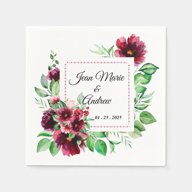 Elegant Red Burgundy Floral Wedding Napkins (Front)