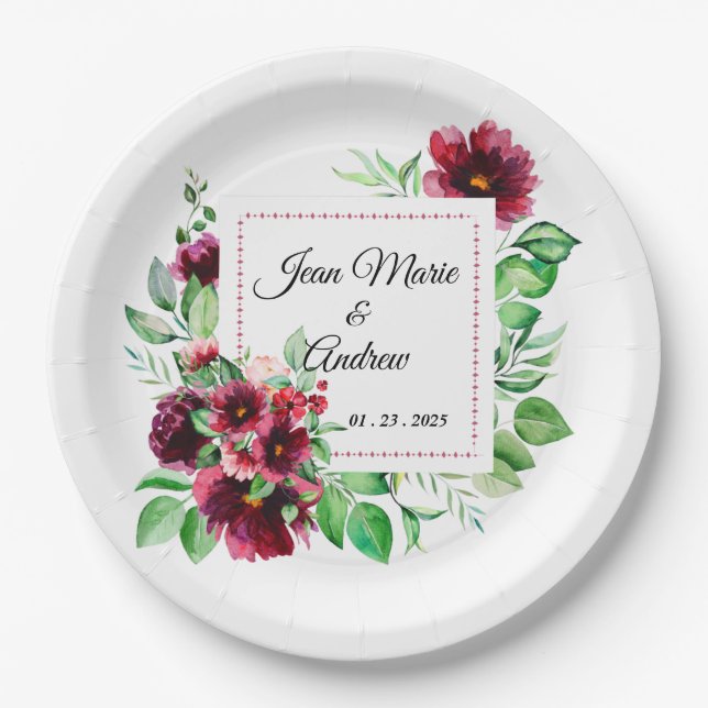 Elegant Red Burgundy Floral Wedding Paper Plates (Front)