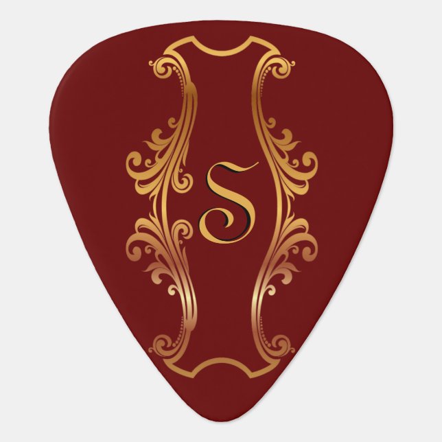 Elegant Red Burgundy Gold Monogram Initial Custom  Guitar Pick (Front)