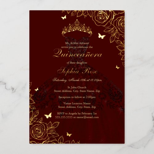 Elegant Red Burgundy Gold Rose Dress Quinceanera Foil Invitation