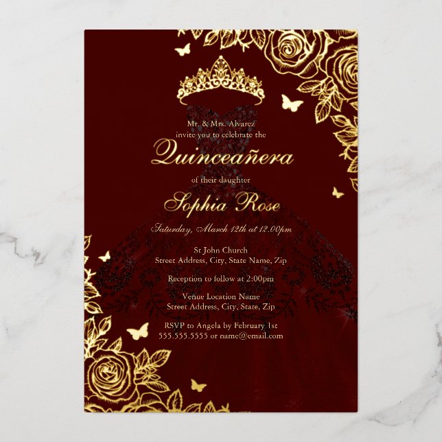 Elegant Red Burgundy Gold Rose Dress Quinceanera Foil Invitation (Front)