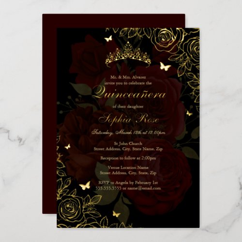 Elegant Red Burgundy Gold Rose Quinceanera Foil Invitation