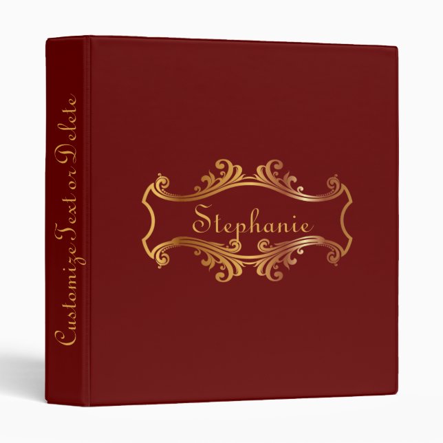 Elegant Red Burgundy Maroon Gold Personalized Chic 3 Ring Binder (Front/Spine)