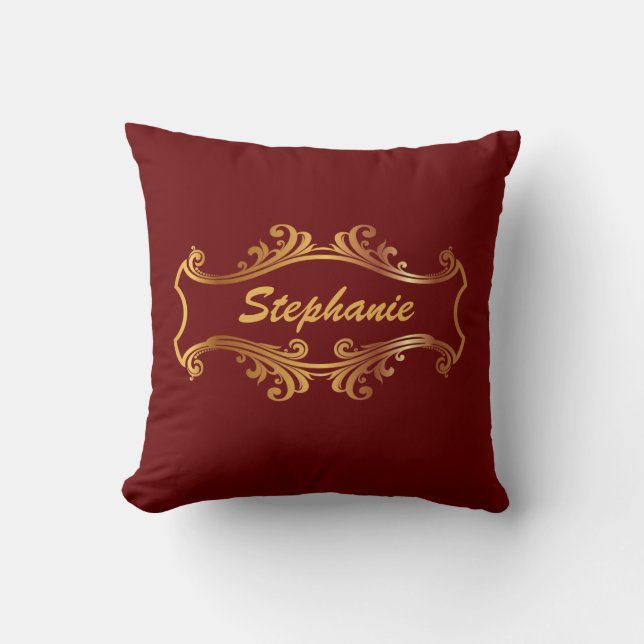 Elegant Red Burgundy Maroon Gold Personalized Chic Throw Pillow (Front)