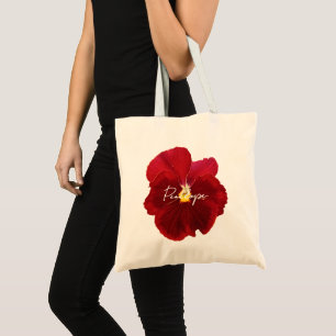 Elegant Red Burgundy Pansy Photo Script Name Tote Bag