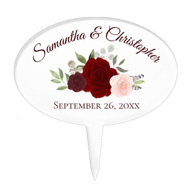 Elegant Red & Burgundy Watercolor Floral Wedding Cake Topper (Front)