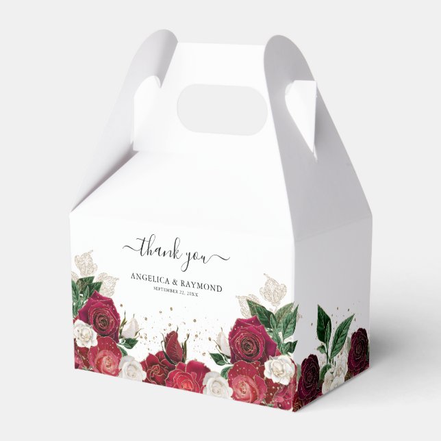 Elegant Red Burgundy & White Rose Florals Wedding Favor Boxes (Front Side)