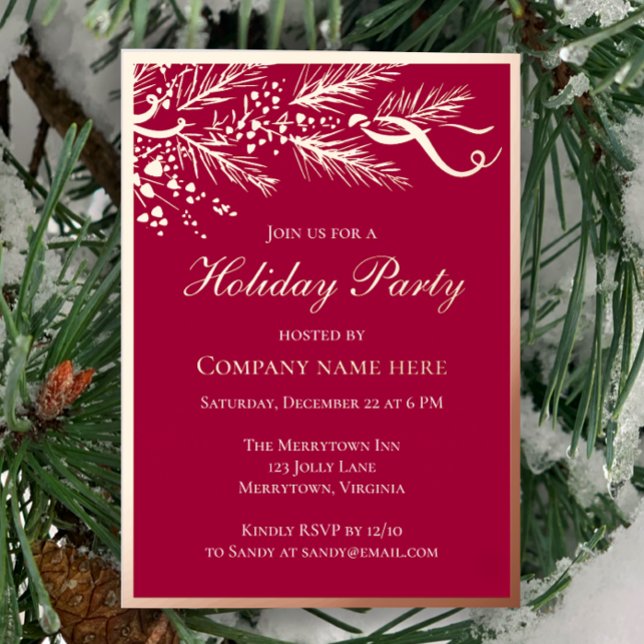 Elegant Red Business Holiday Party Rose Gold Foil Invitation (Unique custom corporate holiday party invitation template. Real foil festive red and hand drawn pine)