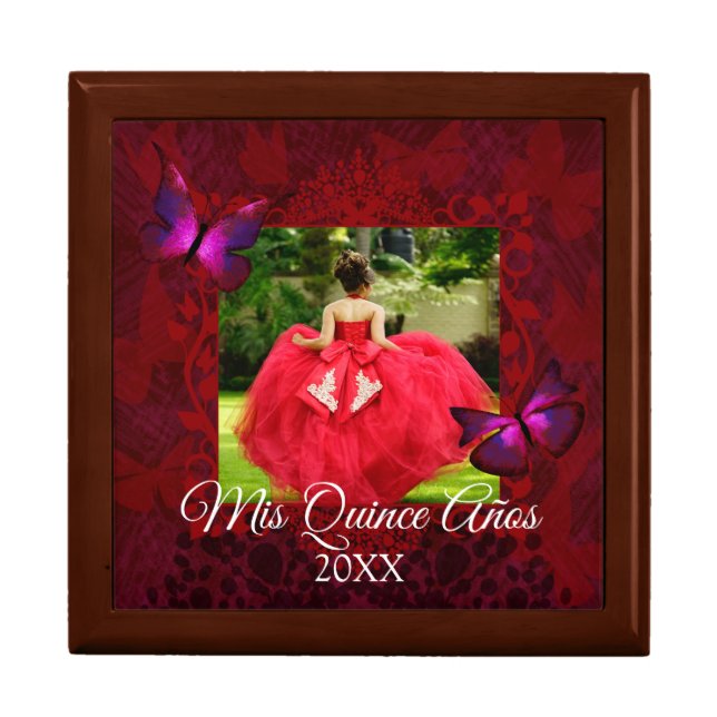Elegant Red Butterflies Quinceanera Jewelry Box (Front)