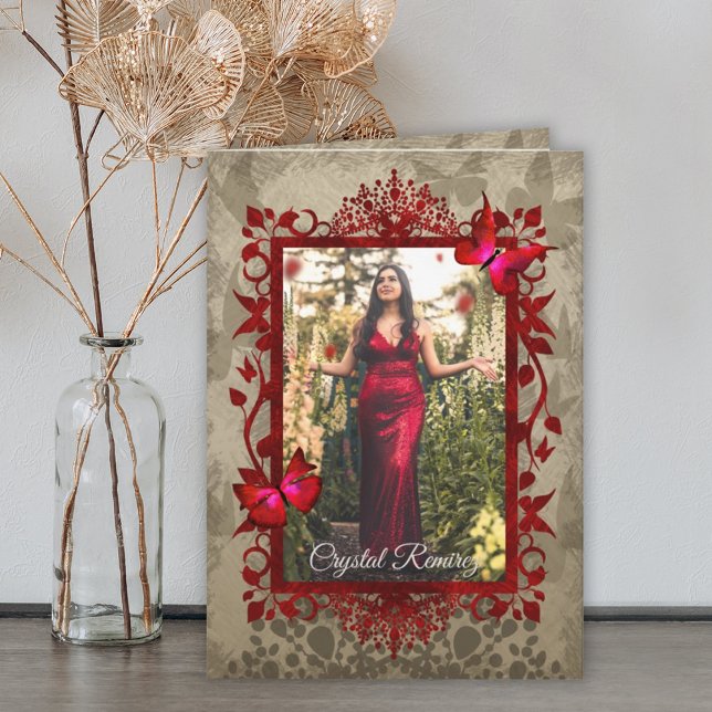 Elegant Red Butterfly Quinceanera Invitation (Beige and red quinceanera invitation, antique ornate decorative red frame, red butterflies folded)