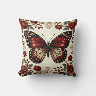 Elegant Red Butterfly Rose Vintage Pattern Design Throw Pillow