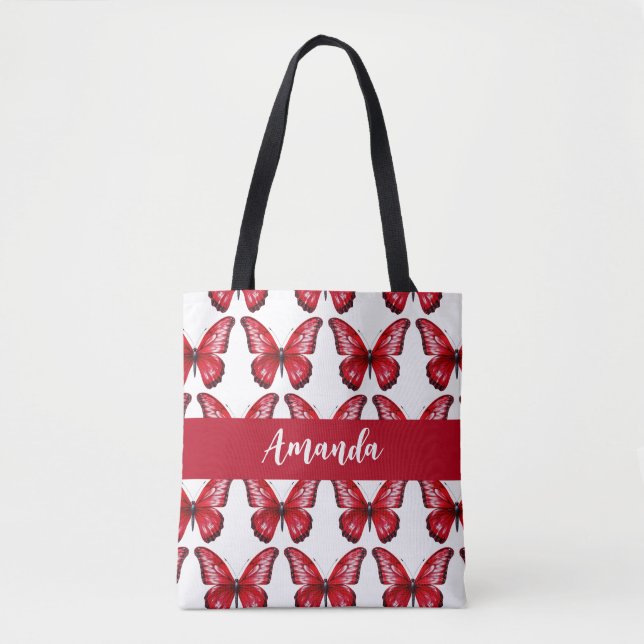 Elegant Red Butterly Pattern Name Tote Bag (Front)