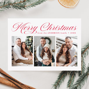Elegant Red Calligraphy 3 Photo Merry Christmas Letterpress Photo Cards