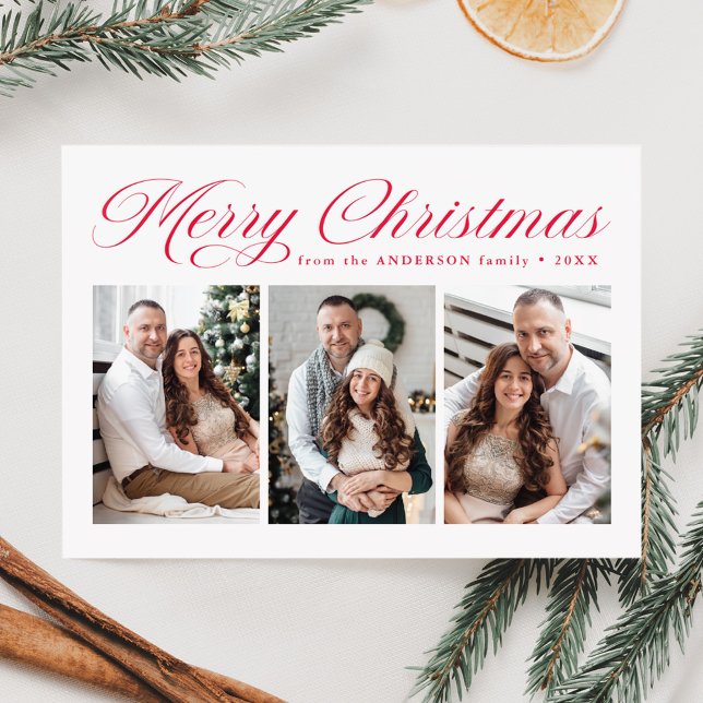 Elegant Red Calligraphy 3 Photo Merry Christmas Letterpress Photo Cards (Creator Uploaded)