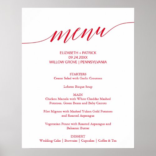 Elegant Red Calligraphy Wedding Menu Sign