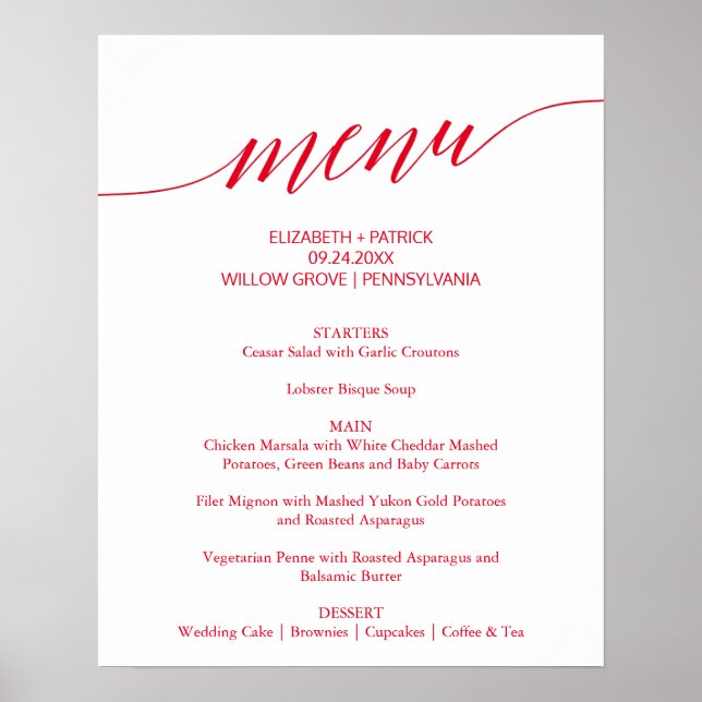 Elegant Red Calligraphy Wedding Menu Sign (Front)