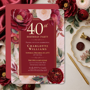 Elegant Red Camellia Floral 40th Birthday Gold Foil Invitation