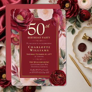 Elegant Red Camellia Floral 50th Birthday Gold Foil Invitation