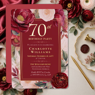 Elegant Red Camellia Floral 70th Birthday Gold Foil Invitation