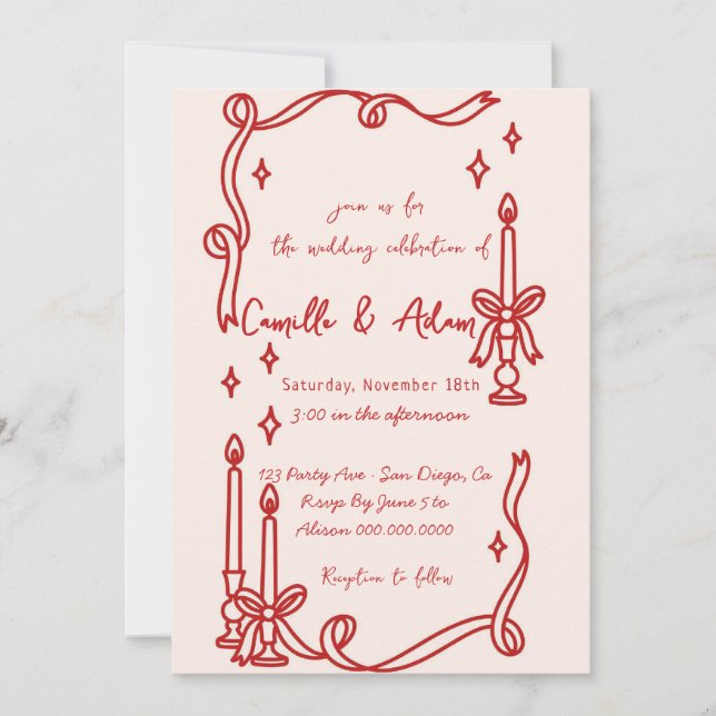 Elegant Red candle Hand Drawn Wedding invitation (Front)