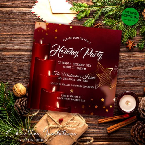Elegant Red Candles Christmas Party Invitation