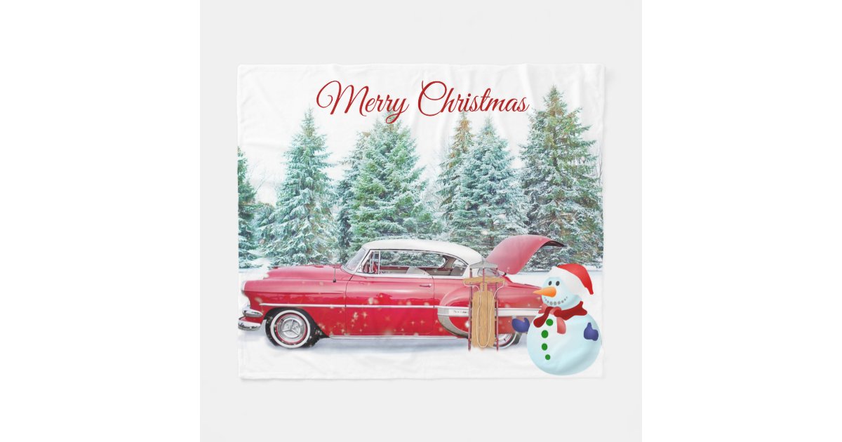 Elegant, Red Car, Snowman, Christmas Fleece Blanket | Zazzle
