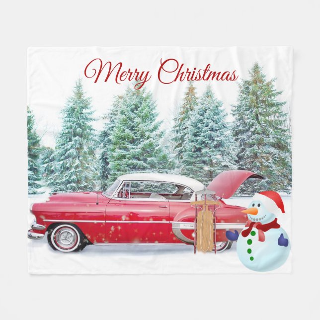 Elegant, Red Car, Snowman, Christmas Fleece Blanket (Front (Horizontal))