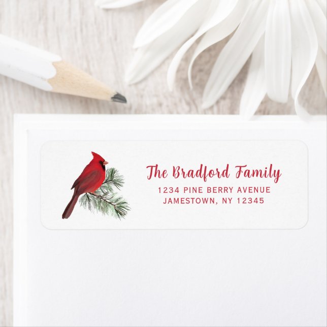 Elegant Red Cardinal Bird Christmas Holiday Label (Insitu)