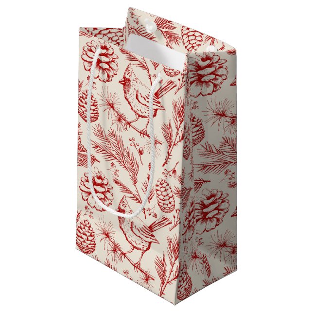 Elegant Red Cardinal Bird, Pine and Winter Berries Small Gift Bag (Front Angled)