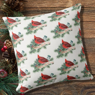 Elegant Red Cardinal Botanical Christmas Throw Pillow