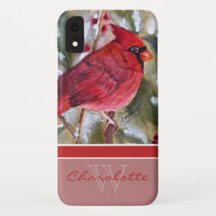 Elegant Red Cardinal Monogram Name iPhone XR Case