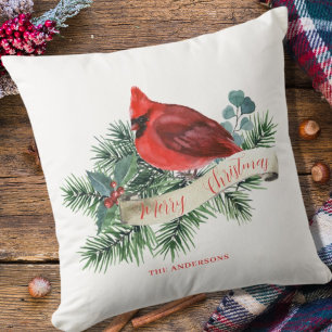 Elegant Red Cardinal Pine Botanical Christmas Throw Pillow