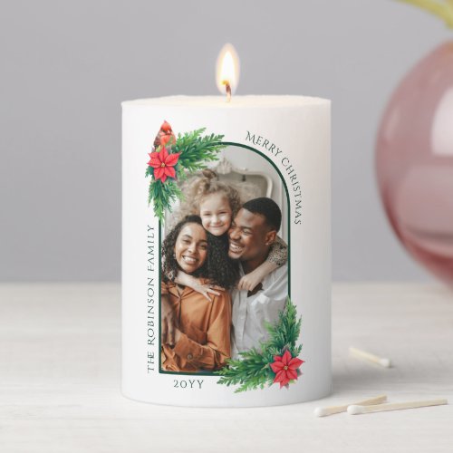 Elegant Red Cardinal Poinsettia Holiday Photo Pillar Candle