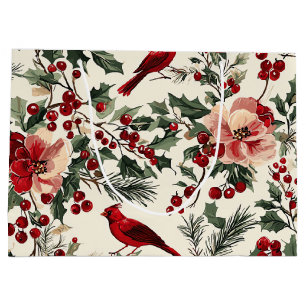 Elegant Red Cardinal Winter Botanical Cream Large Gift Bag