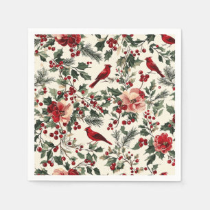 Elegant Red Cardinal Winter Botanical Cream Napkins