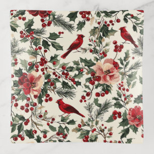 Elegant Red Cardinal Winter Botanical Cream Trinket Tray