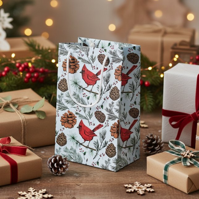 Elegant Red Cardinal Winter Ice Blue Small Gift Bag (Elegant Red Cardinal Gift Bags. Rustic Cardinal Birds, Pinecones, Pine Winter Pattern in Light Blue.)
