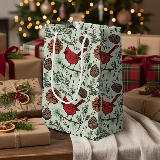Elegant Red Cardinal Winter Sage Green Small Gift Bag (Elegant Winter Red Cardinal Bird, Pine, Pinecones, Red Berries Rustic Christmas Sage Green Pattern)