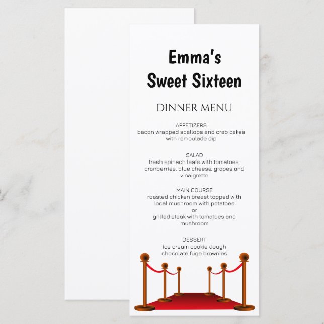 Elegant Red Carpet Hollywood Sweet 16 Birthday Menu (Front/Back)