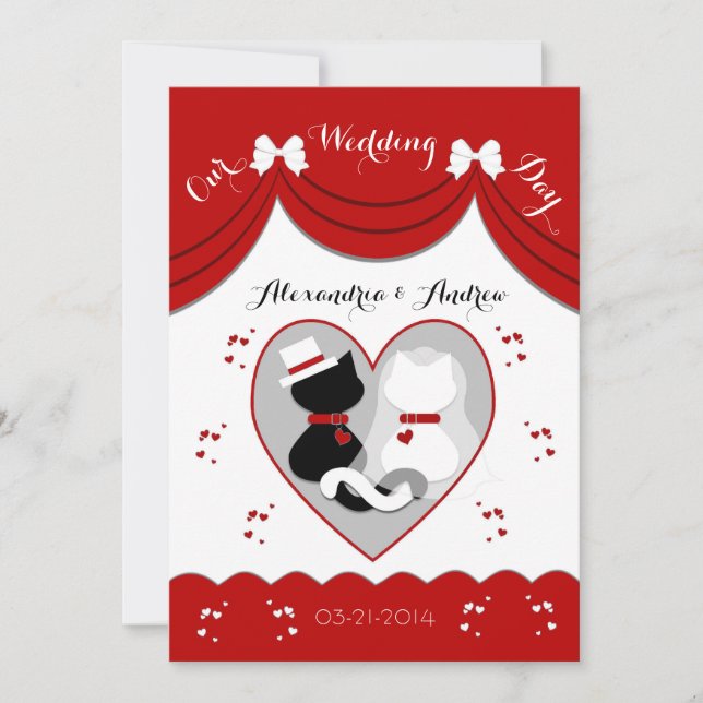 Elegant Red Cat Wedding Couple Invitations (Front)