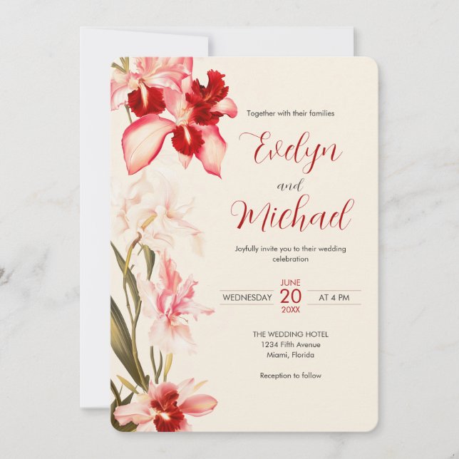 Elegant Red Cattleya Orchids Flowers Wedding Invitation (Front)