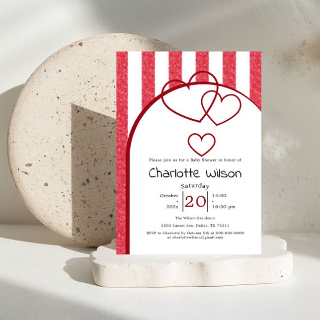 Elegant Red Chalk Stripe Triple Hearts Baby Shower Invitation (Creator Uploaded)